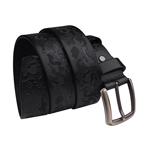 FIORETTO Mens Black Leather Studded Belt, 1.5"/38mm Wide Casual Cowboy Belts for Jeans, Fashion Silver Buckle Punk Rock Bullet Belts for Men's Fit Waist 31"-39" (Gift Box + Hole Puncher)