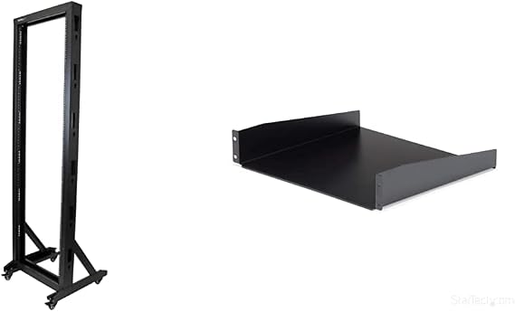 2-Post 42U Mobile Open Frame Server Rack and 2U Server Rack Shelf Bundle