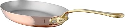 Mauviel MHeritage 150 B 1.5mm Polished Copper & Stainless Steel Oval Frying Pan With Brass Handles, 13.7 x 9.8-in, Made in France