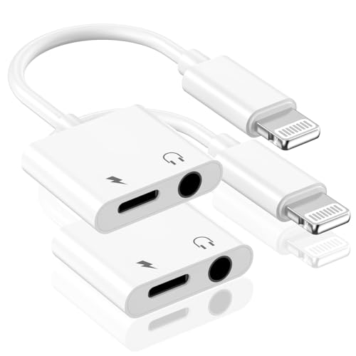 [Apple MFi Certified] Apple Lighting to 3.5 mm Headphone Jack Adapter, 2 Pack 2 in 1 iPhone Headphone Aux Audio + Charger Cable Splitter Dongle Adapter Compatible for iPhone 14 13 12 11 XS XR X 8 7 6