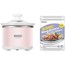 KOOC Small Slow Cooker, 0.65-Quart, Stainless Steel, Pink, Round+Slow Cooker Liners, 10 Count Small Size Disposable Slow Cooker Liners Plastic Bags Fit 0.65QT-1.25QT for Slow Cooker