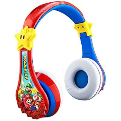 Super Mario Wireless Bluetooth Portable Kids Headphones with Microphone, Volume Reduced to Protect Hearing Rechargeable Battery, Adjustable Kids Headband for School Home or Travel