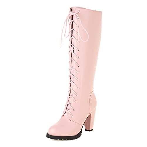 ClassicSter Womens Knee High Boots Block Chunky Mid Heels Combate Booties Strappy Buckle Motorcycle Riding Boots With Zip