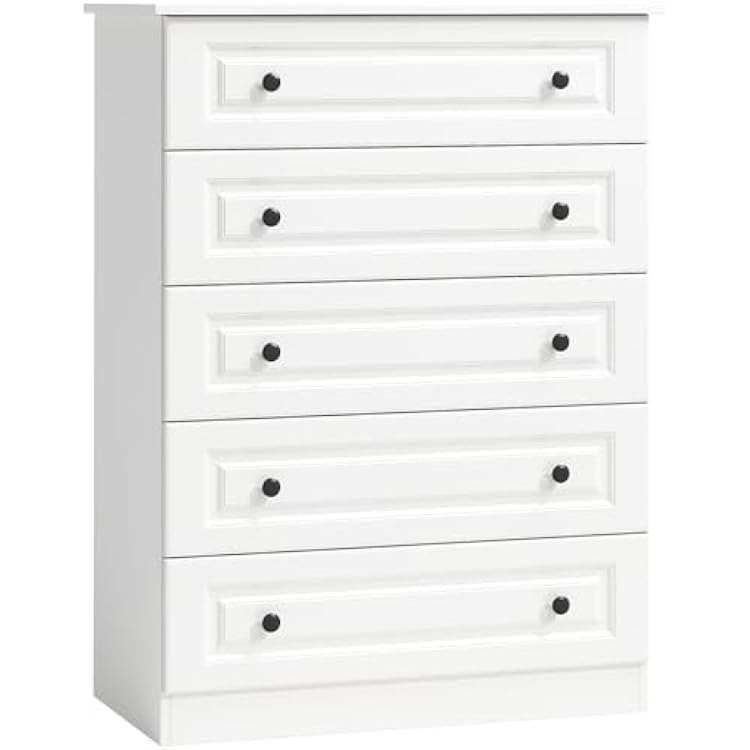 White 5 Drawer Dresser, Modern 44 Tall Dresser, Wooden Chest of Drawers with Large Storage, Bedroom Closet Dressers for Living Room, Entryway, Hallway