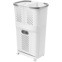 2 Tier Rolling Laundry Hamper Sorter Removable Clothes Hamper Organizer with Wheels White Portable Storage Baskets for Bedroom Laundry Room Bathroom