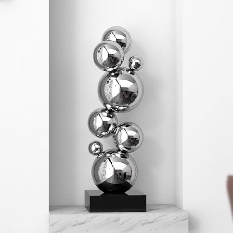 Stainless Steel Geometric Sphere Sculpture 23.6 Tall Modern Abstract Metal Art Decor, Handmade Minimalist Ball Tower Statue for Living Room, Office, Gallery or Entryway