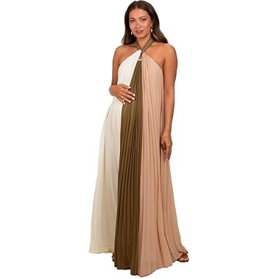 PinkBlush Olive Colorblock Pleated Halter Neck Maternity Maxi Dress