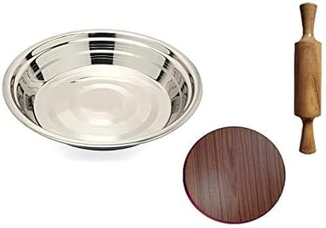 Stainless Steel Atta Parat 16 inches Dough Maker with Wooden Chakla & Belan Rolling Pin Rolling Board Kitchen Utensils Combo - DHL Shipping