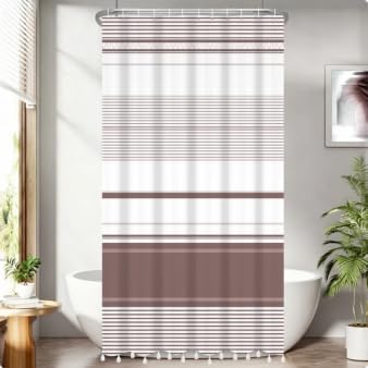 Boho Shower Curtain Set with Tassels, Farmhouse Brown Striped Shower Curtain, Rustic Vintage Western Cute Fabric Bathroom Curtain, 48x72 with Hooks