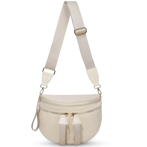 Pure Colour Bum Bags for Women Crossbody,Multi-Pocket Nylon Fanny Pack Spacious Slouchy Waist Bag Belt Bag BEIGE