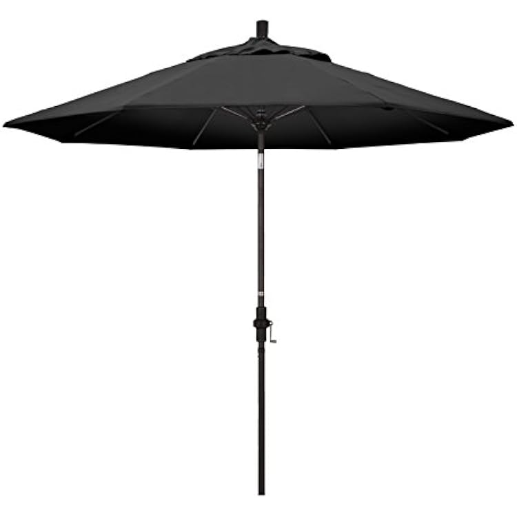 California Umbrella 9 Round Aluminum Pole Fiberglass Rib Patio Umbrella, Crank Lift, Collar Tilt, Bronze Pole, Black Olefin