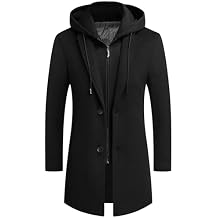Men's Bussiness Overcoat with Removable Hood Winter Wool Blend Jacket Detachable Hooded Trench