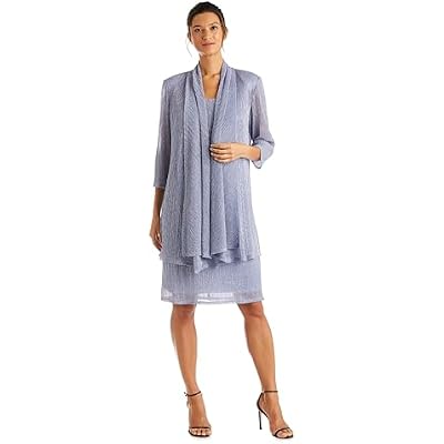 R&M Richards Womens Metallic Sheath Dress WMatching Draped Chiffon Jacket - 2-Piece Outfit for Weddings & Parties