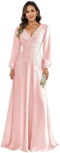 Long Sleeve Mother of The Bride Dresses - V Neck A Line Floor Length Lace Chiffon High End Formal Dress