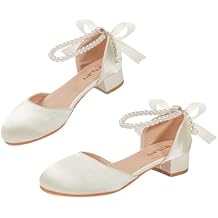 Flower Girls Dress Shoes,Girls Dress Shoes - Closed Toe Heels with Pearl Adjustable Strap for Parties and Schools