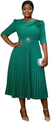 AOMEI Women's Green Crewneck Half Sleeve with Flower Buckle Pleated A-Line Work Dress