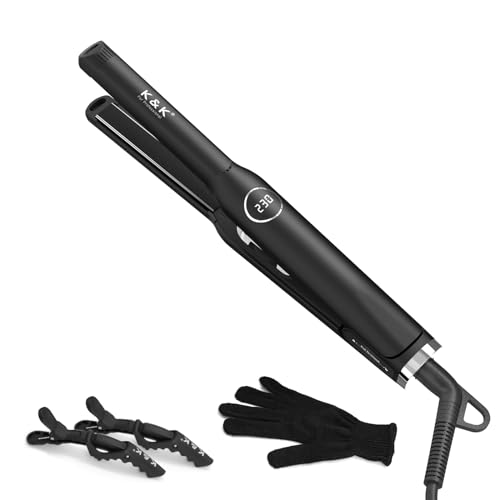 K&K Flat Iron Small Mini Tourmaline Titanium Hair Straightener 0.5 inch Plate 4D 360Swivel LED Display for Woman Short Hair Adjustable Temperature Dual Voltage Auto Shut OffBlack
