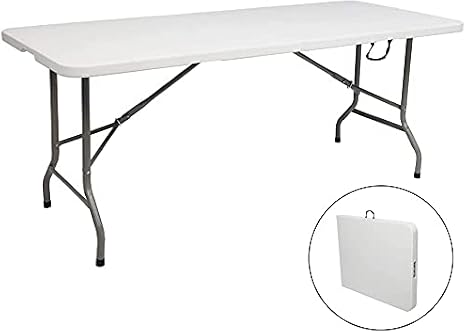 Rectangle Folding Tables 6Ft, Fold-in-Half Rectangle Folding Table and Chairs, with Carrying Handle and 4 Steel Feet for Backyard Garden Beach, Picnic, Party, Camping (6Ft)