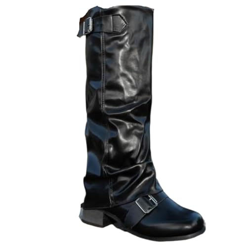 Mid Calf Boots for Women High Boots Chunky Vintage Block Heel Biker Booties 2025 Casual Pull On Buckle Boot