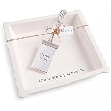 Mud Pie Ceramic Brownie Pan Set with Silverplate Server, Scalloped Brownie Baking Dish, Oven Safe Dishwasher Safe Bakeware, Perfect Brownie Pan for Desserts, Bars, Gifts, White