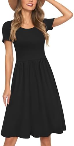 Womens Short Sleeve Empire Waist Dresses Casual Summer Dress with Pockets