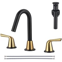 Widespread Bathroom Faucets for Sink 3 Hole Black & Gold, 8 inch Bathroom Faucet with Pop Up Drain Assembly and Water Supply Lines 2 Handle 360 Swivel Spout Basin Faucets for Vanity Lavatory