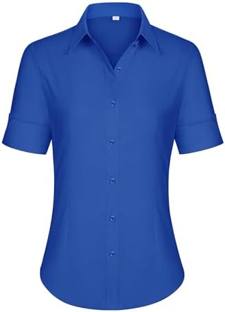 siliteelon Short Sleeve Button Dress Shirts for Women Cotton Button Down Shirts for Women Slim Fit Blouse Top 34 Sleeve