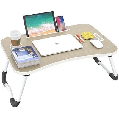 BUYIFY Folding Lap Desk, 23 Inch Portable Wood Brown Laptop Bed Desk Lap Desk with Cup Holder, for Working Reading Writing, Eating, Watching Movies for Bed Sofa Couch Floor