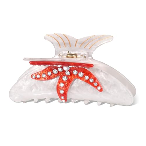 BVGA Sea Animal Hair Claw Clips Marine Life Starfish Seashell Pearl Crystal Claw Clips Cute Large Claw Hair Clips Beach Stylish Hair Accessories Gifts for Women Girls Red Starfish-White