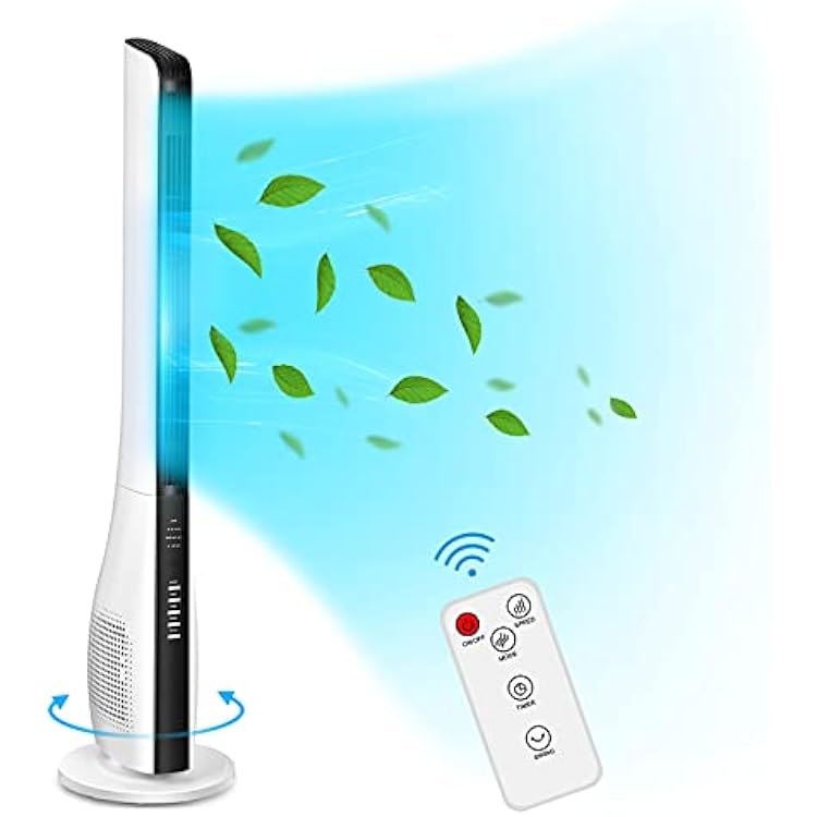 Bladeless Tower Fan - 43 Standing Electric Cooling Fan wRemote, 3 Modes, 3 Speeds, 7.5H Timer, 70 Oscillation, White Powerful Floor Quiet Air Circulating Fan for Large Room Home Bedroom Office