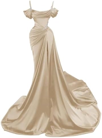 Satin Mermaid Prom Dress 2026 Long Spaghtti Straps Beaded Sparkly Wedding Dresses Split Ball Gowns for Women Formal
