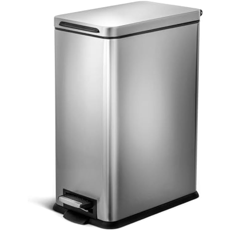 Home Zone Living 8 Gallon Slim Kitchen Trash Can with Soft Close Lid, Step Pedal, Bag Tuck Band, and Removable Liner, Stainless Steel, Silver