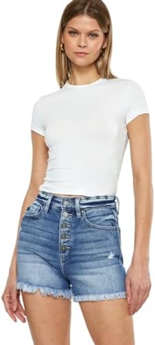 Kan Can Women's Button Fly High Rise Raw Hem Denim Shorts