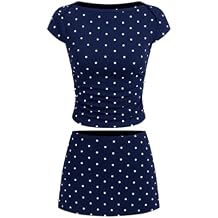 Pivanzore Women Y2k Polka Dot Skirt Set Short Sleeve Boat Neck Crop Top and Low Rise Mini Skirt Sexy Slim Fit 2 Piece Outfits
