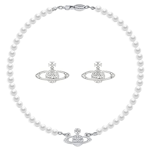 Saturn Pearl Necklace White Pearl Choker Necklace for Women Crystal Rhinestone Planet Necklace and Silver Saturn Stud Earrings Set Jewelry Gifts for Birthday Anniversary Christmas Day