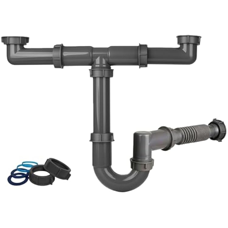 1-12 Inch Double Bowl Kitchen Sink Drain Kit - Universal Flexible P-Trap Pipe with Expandable Tailpiece Wall & Floor Drain Compatible, Complete Plumbing Replacement Kit for 15-24 Spacing