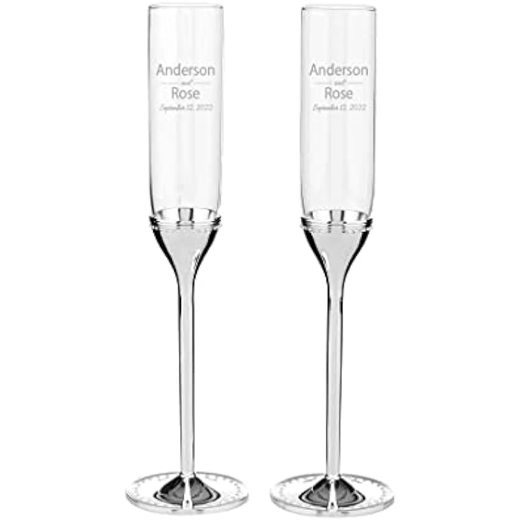 Vera Wang Grosgrain Silver Personalized Wedding Champagne Flutes, Set of 2 Custom Engraved Champagne Toasting Glasses, Accessories and Gifts for the Bride and Groom
