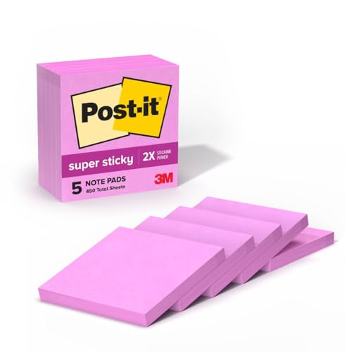 Post-it Super Sticky Notes, 5 Sticky Note Pads, 3 x 3 in., Ideal for Organization in Your Dorm, Home or Office, Single Color Packs Collection, Tropical Pink