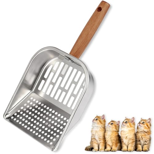 Litter Scooper, Metal Litter Scoop, Pooper Scooper with Wooden Handle, Cat Litter Scoop, Metal Scooper & Speed Sifter Deep Shovel Scoop Filter for Litter Box Easy Assembly