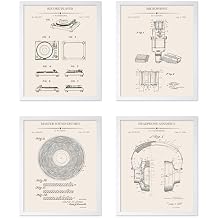 Monem Art 4-Piece Music Blueprint Poster - Patent Print - Turntable Art - Microphone Design - Technical Drawing - Headphones Print - Sound Recorder Design - Music Room Decor - 11x14 White Framed