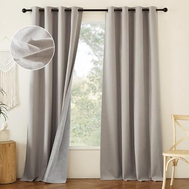 NICETOWN Natural Linen 100% Blackout Curtains 90 inches for Bedroom, Farmhouse Style Keep Warm Faux Linen Blackout Curtains with Thermal Insulated Liners for Dining Room, 2 Panels, 52 W, Drapes