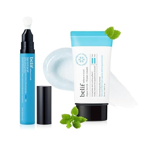 belif Aqua Bomb Instant Cooling Duo - Frozen Cream & Cooling Eye Gel Set with Hyaluronic Acid and Caffeine to Soothe, De-puff, and Hydrate