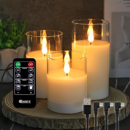 Rechargeable Flameless Glass Pillar CandlesEaster Flameless Candles Decorations,Set of 3, Realistic Flickering LED Light,Remote & Timer, Ideal for Living Room, Bedroom & Easter Decor