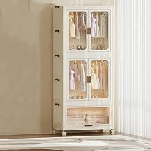3 Tier Portable Wardrobe Closet, Collapsible Wardrobe Closet with Hanging Rod & 10 Hangers, Plastic Storage Box with Wheels for Bedroom Dormitory, Easy Installation
