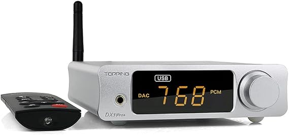 Auinshifiman Topping DX3pro+ Hi-Res Audio DAC & NFCA Headphone Amplifier ES9038Q2M Chip Bluetooth 5.0 USB XMOS XU208 Supports Up to DSD512 & PCM768kHz USB/Optical/Coaxial/BT Input Pre-Amp(Silver)