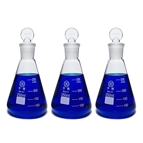 250ml Glass Erlenmeyer Flask Set, 3pcs Laboratory Glassware Flask with Glass Stopper for Chemistry Classroom Home Use, 3.3 Borosilicate Labware Science Flask, Narrow Mouth, Printed Graduation