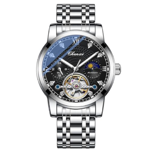 Mens Luxury Business Watch Hollow Flywheel Mechanical Watch Sun, Moon, and Stars Waterproof Stainless Steel Watch Band Night Glow Fully Automatic Mechanical Watch