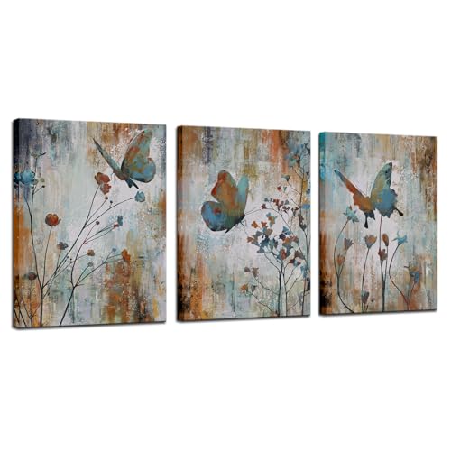 Biuteawal 3 Panel Canvas Print Teal Brown Butterfly Flower Painting Wall Art Plant Floral Picture Print on Canvas Vintage Artwork for Home Living Room Bedroom Bathroom Wall Decor Ready to Hang