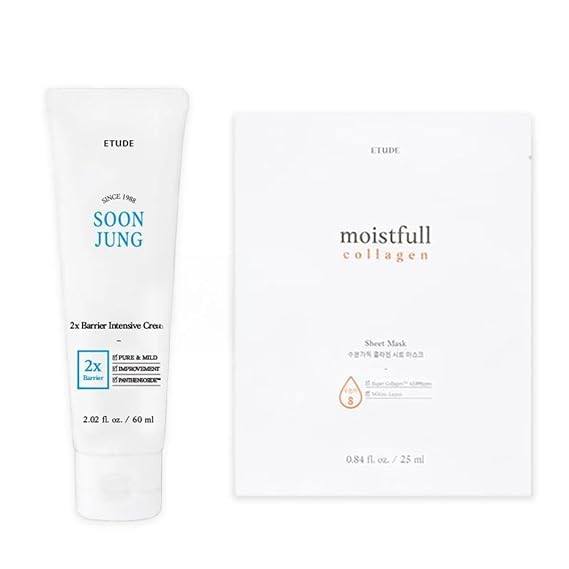 ETUDE SoonJung 2x Barrier Intensive Cream Rich Moisture (2.02 fl oz) + Moistfull Collagen Sheet Mask (5pcs SET)