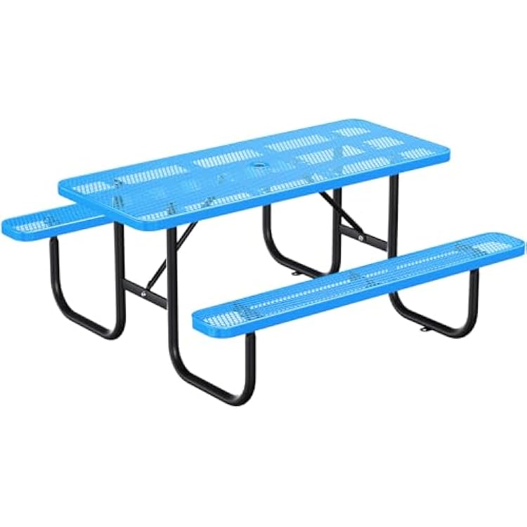 Heavy-Duty Park Bench or Table for Outside - Black Coated Outdoor Furniture Steel Bench, Commercial-Grade Outdoor Benches Weatherproof for Park, Patio, Porch Blue, 6FT Rect. Table